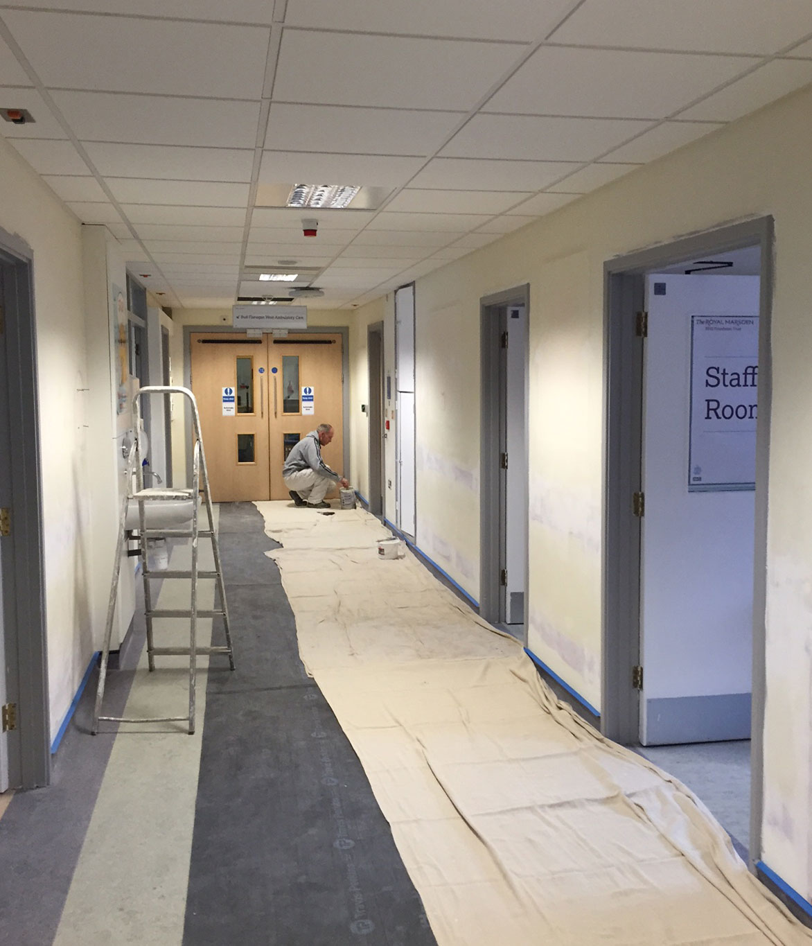 Corridor prepped for painting, Royal Marsden Hospital