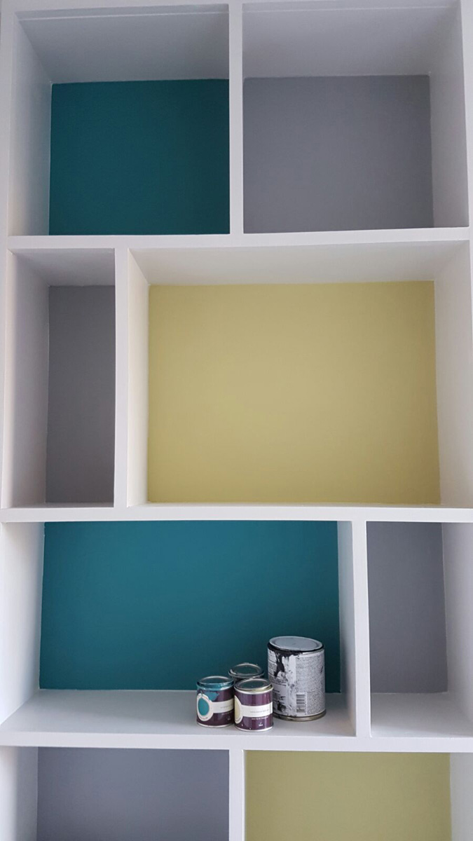 Shelves painted with Farrow & Ball paints